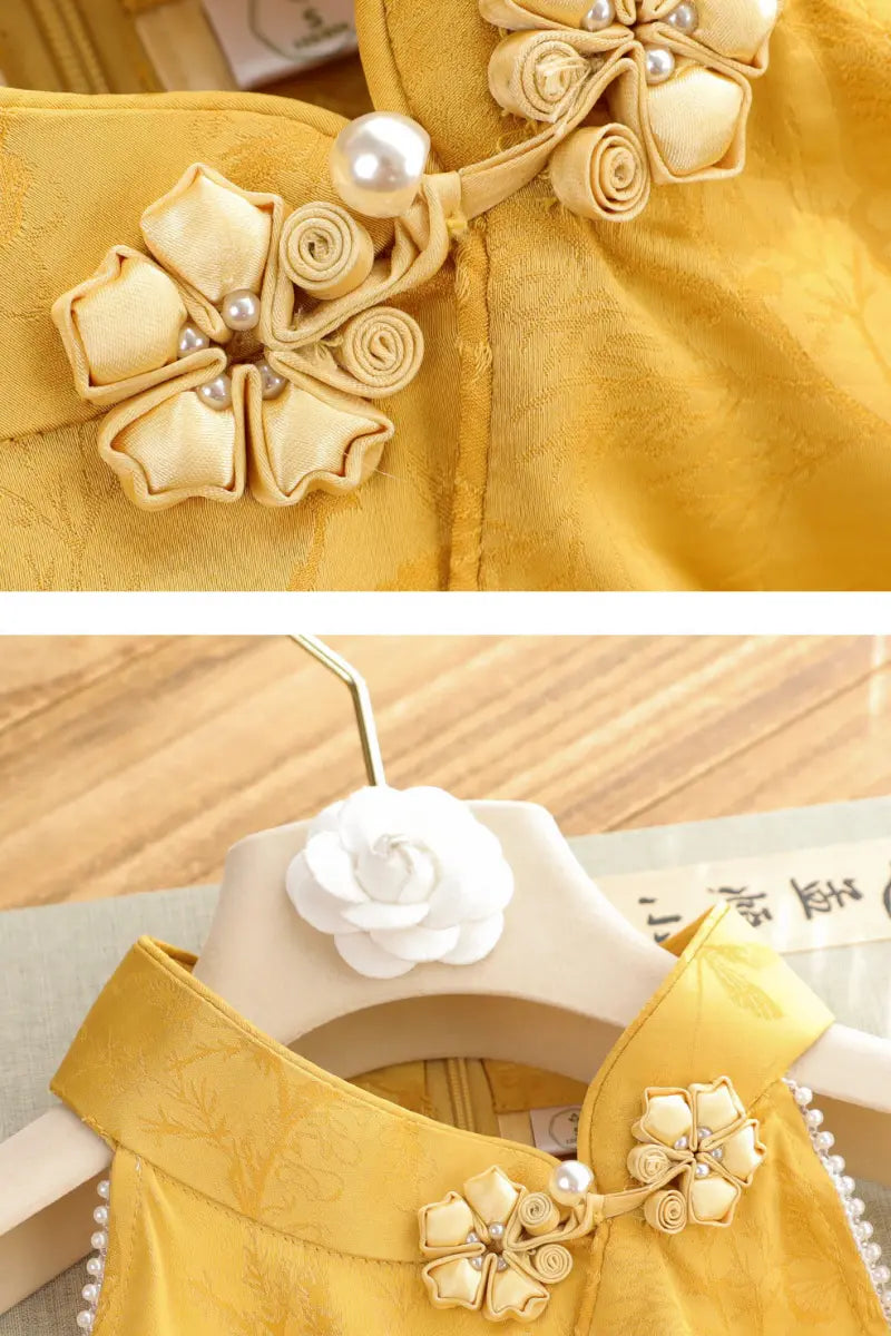 Yellow Halter Neck Modern Floral Jacquard Qipao with Pearl Beading