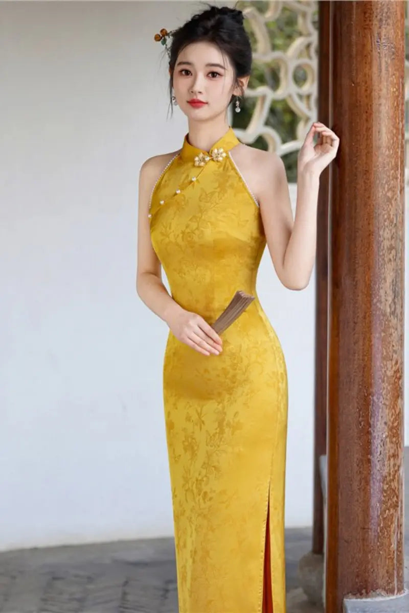 Yellow Halter Neck Modern Floral Jacquard Qipao with Pearl Beading