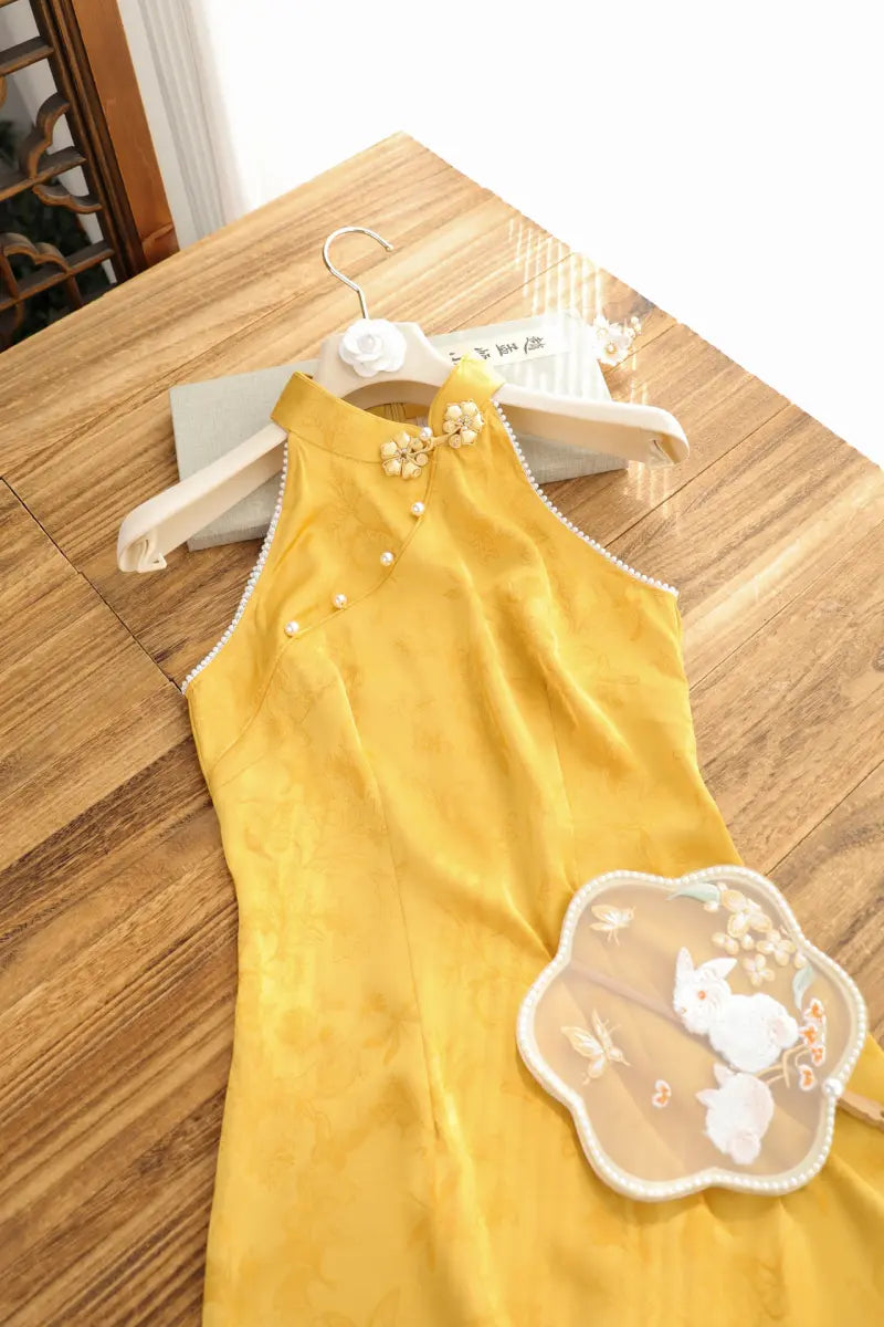 Yellow Halter Neck Modern Floral Jacquard Qipao with Pearl Beading