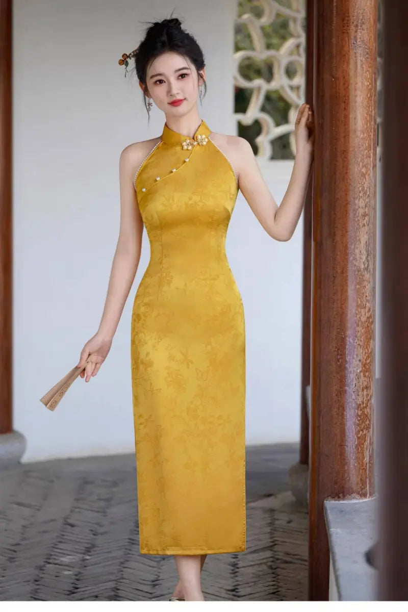 Yellow Halter Neck Modern Floral Jacquard Qipao with Pearl Beading