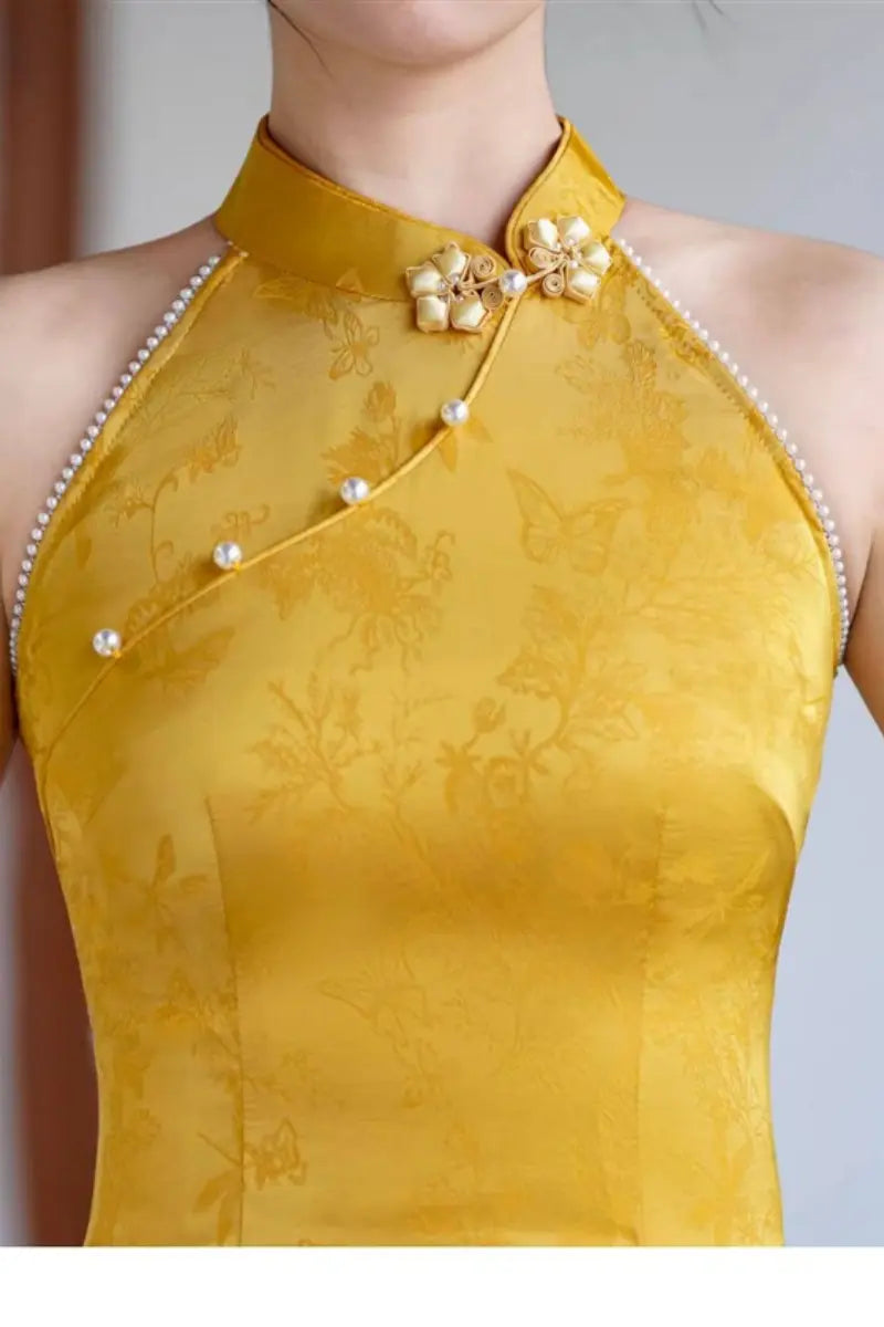 Yellow Halter Neck Modern Floral Jacquard Qipao with Pearl Beading