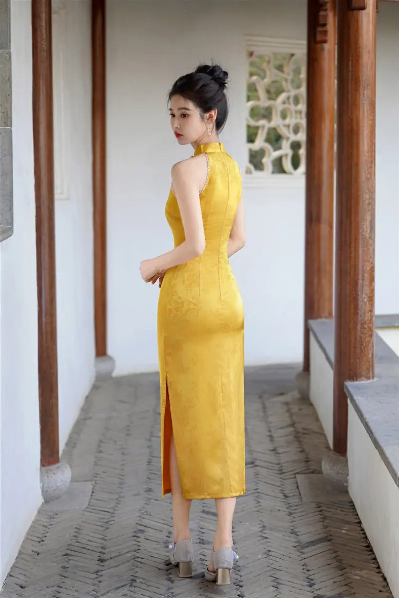 Yellow Halter Neck Modern Floral Jacquard Qipao with Pearl Beading