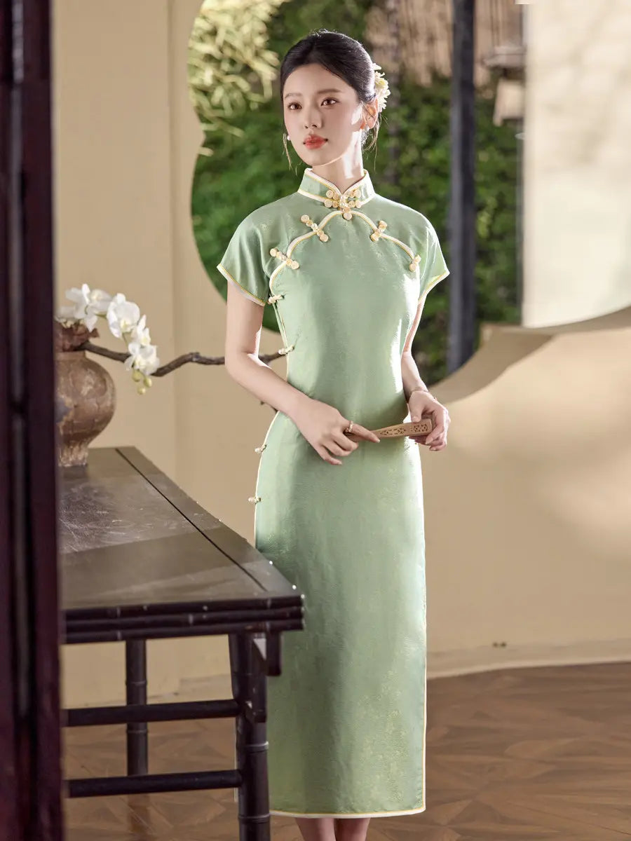 Green/Peach Song Brocade Full-Opening  Qipao Dress
