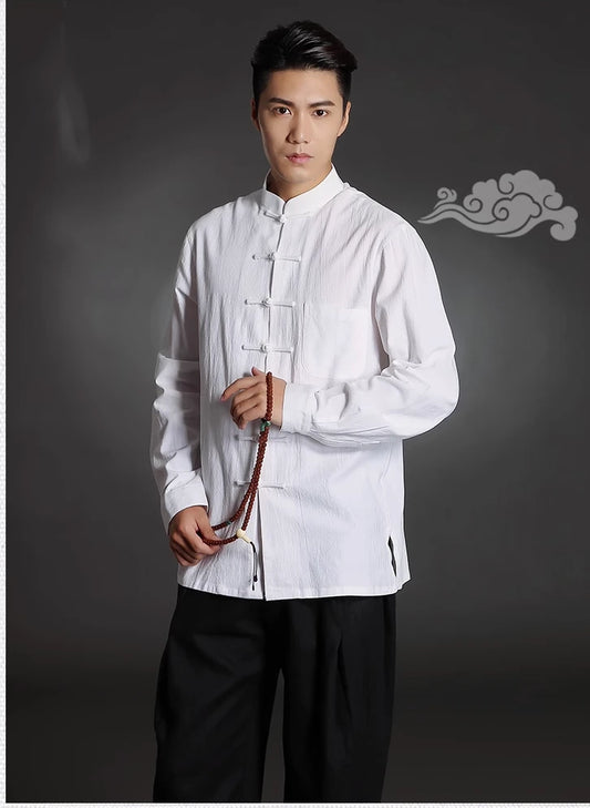 white Chinese Tang Kongfu Cotton Shirt