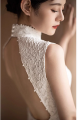 white open back floor length cheongsam qipao dress