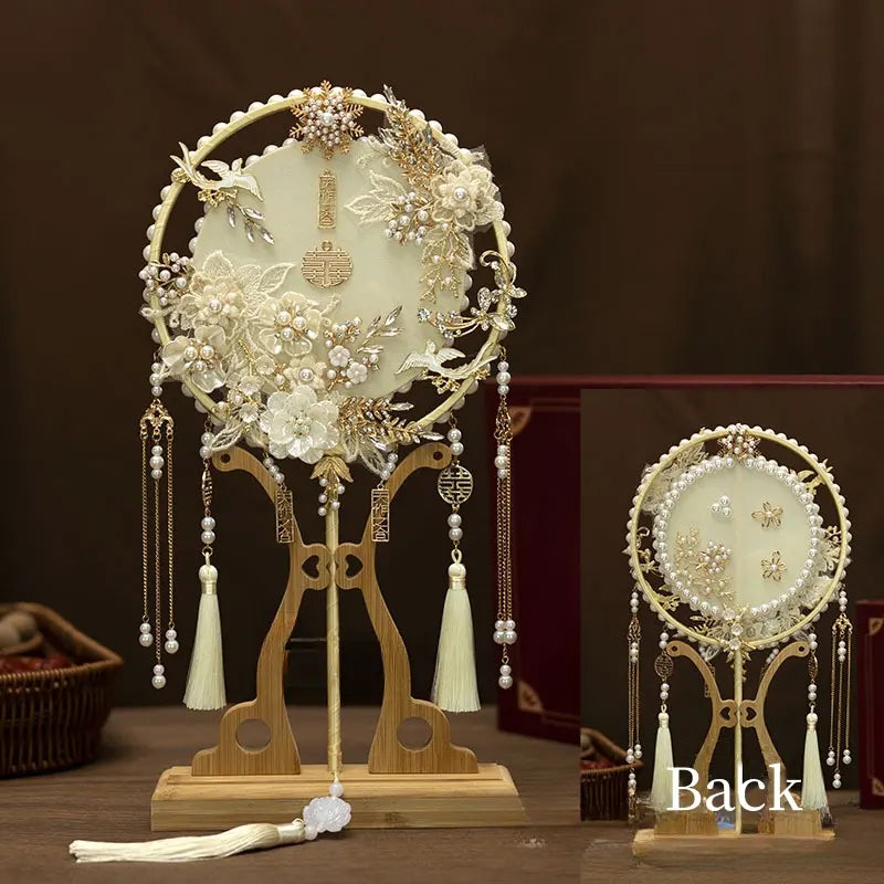 Ivory White and Golden Chinese Bridal Hand  Fan| Pearly