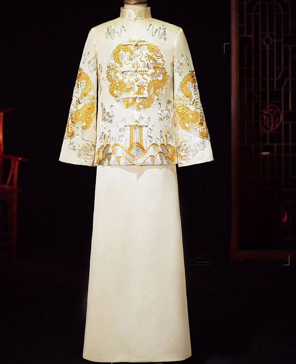 Ivory White Chinese Wedding Groom Jacket with Dragon Embroidery - Traditional Ma Gua 