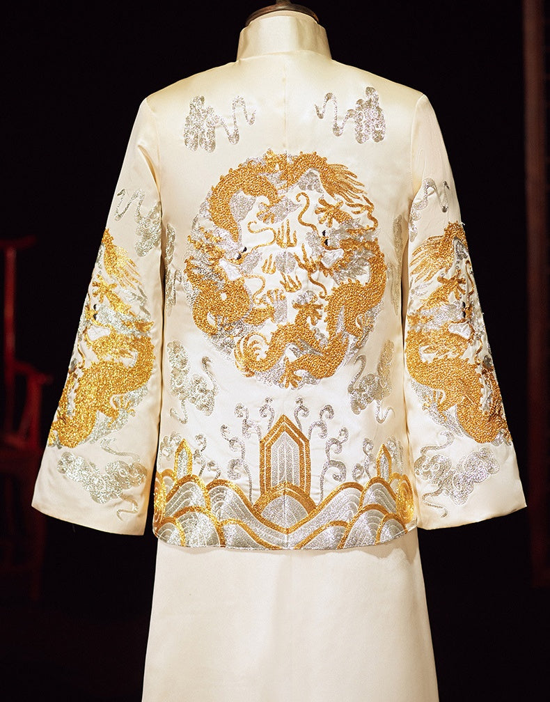 Ivory White Chinese Wedding Groom Jacket with Dragon Embroidery - Traditional Ma Gua 
