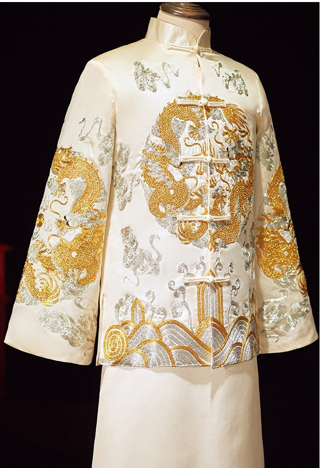 Ivory White Chinese Wedding Groom Jacket with Dragon Embroidery - Traditional Ma Gua