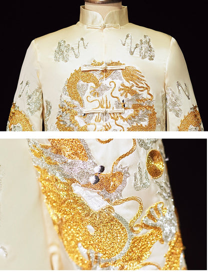 Ivory White Chinese Wedding Groom Jacket with Dragon Embroidery - Traditional Ma Gua 