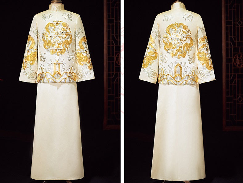 Ivory White Chinese Wedding Groom Jacket with Dragon Embroidery - Traditional Ma Gua