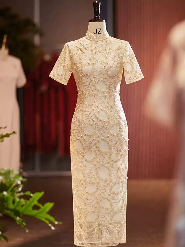 White Lace Cheongsam Qipao Dress with pearls