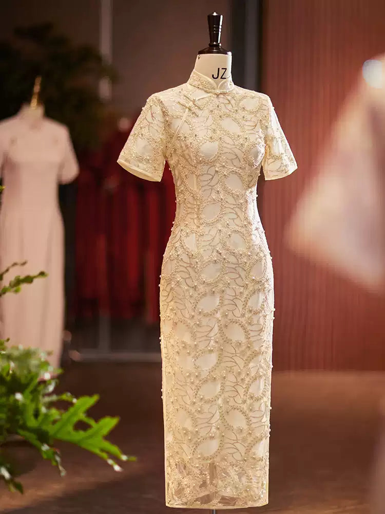White Lace Cheongsam Qipao Dress with pearls