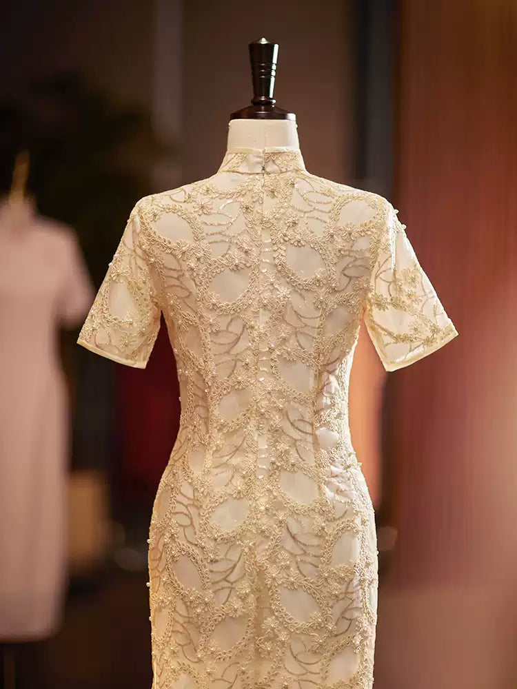 White Lace Cheongsam Qipao Dress with pearls