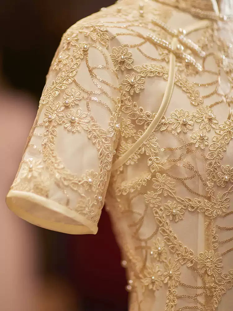 White Lace Cheongsam Qipao Dress with pearls