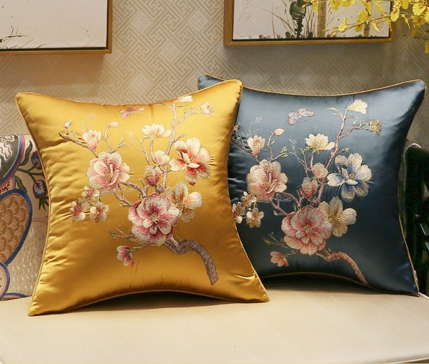 Satin cushion cover with peach blossom embroidery 