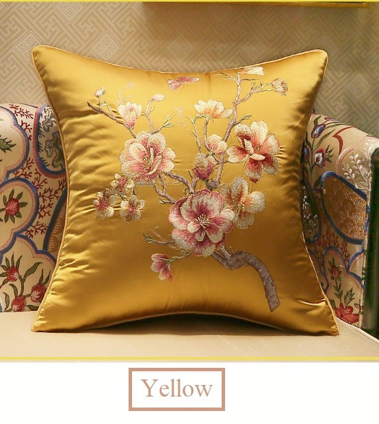 gold Satin cushion cover with peach blossom embroidery 