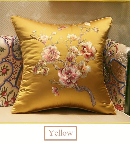 gold Satin cushion cover with peach blossom embroidery 