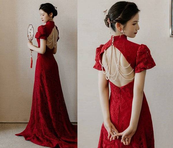 Custom Made Open Back Lace Cheongsam/Qipao Dress With Train | Glorious - Oriental Me