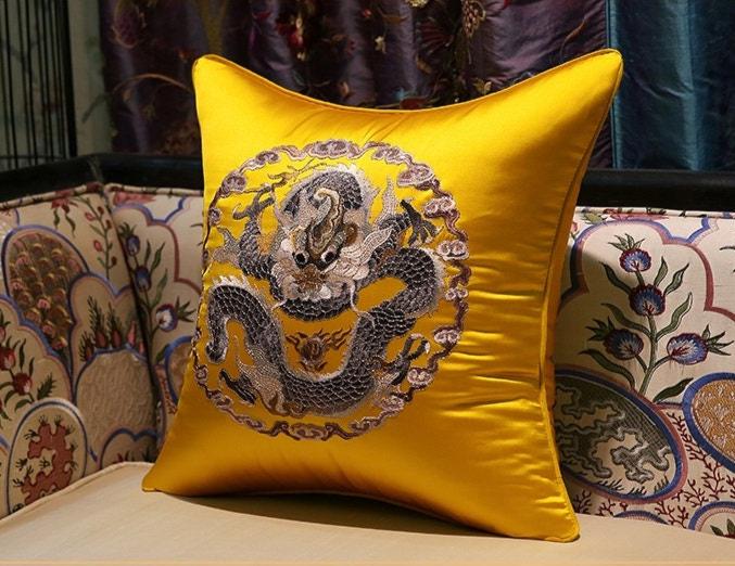 Golden Dragon embroidery satin cushion covers