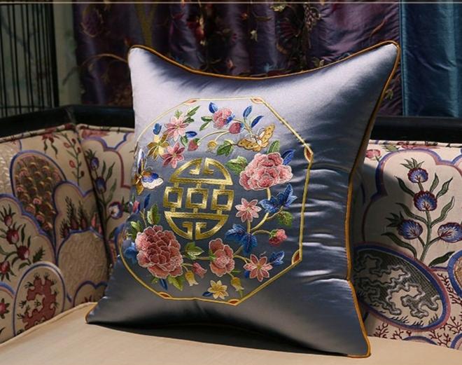 Gray Satin cushion covers with chinese  symbol of good fortune and flower embroideries 