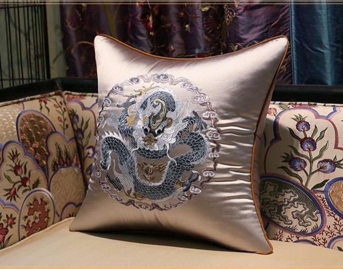 Grey Dragon embroidery satin cushion covers