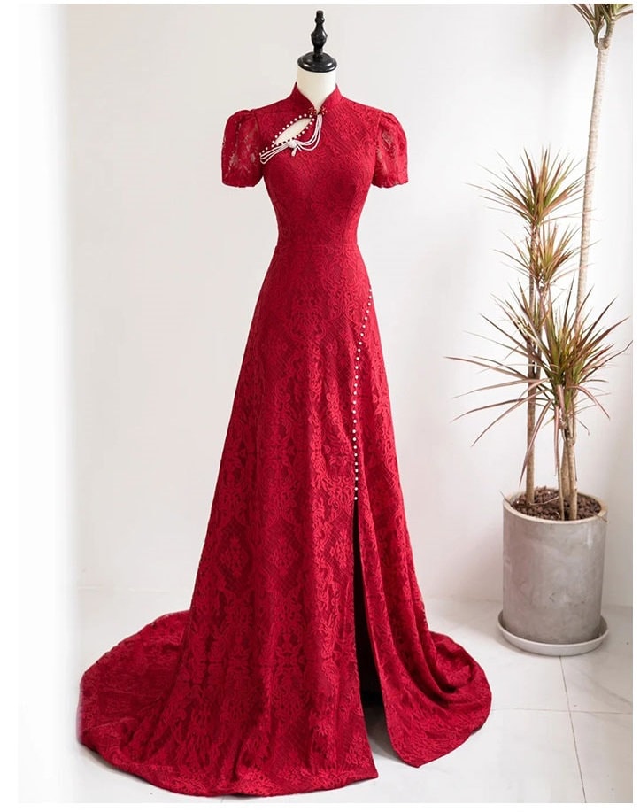 Custom Made Open Back Lace Cheongsam/Qipao Dress With Train | Glorious - Oriental Me