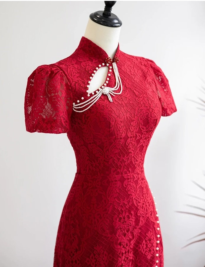 Custom Made Open Back Lace Cheongsam/Qipao Dress With Train | Glorious - Oriental Me