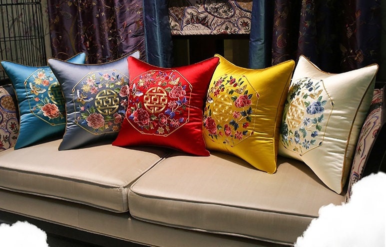 Satin cushion covers with chinese  symbol of good fortune and flower embroideries 