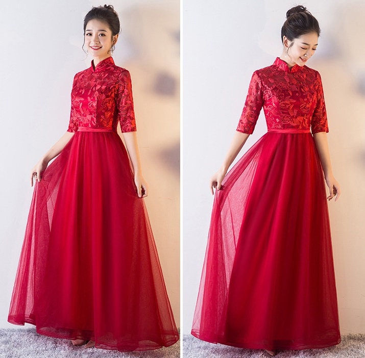 Red Lace Tulle floor length A line wedding Cheongsam Qipao Dress
