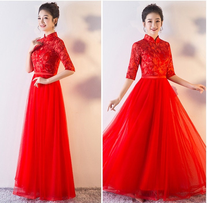 Red Lace Tulle floor length A line wedding Cheongsam Qipao Dress