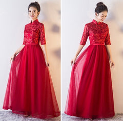 Red Lace Tulle floor length A line wedding Cheongsam Qipao Dress