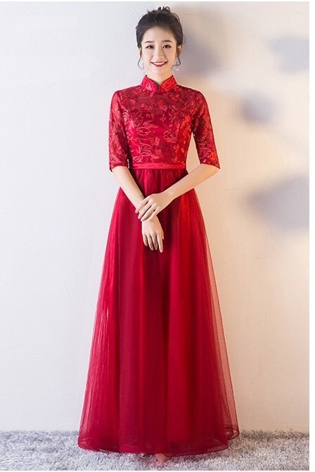 Red Lace Tulle wedding Cheongsam Qipao Dress