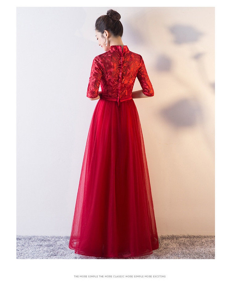 Red Lace Tulle wedding Cheongsam Qipao Dress