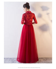 Red Lace Tulle floor length A line wedding Cheongsam Qipao Dress