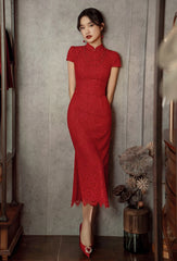 Chinese red open back qipao cheongsam dress front