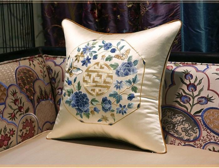 white Satin cushion covers with chinese  symbol of good fortune and flower embroideries 