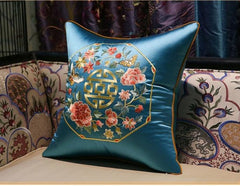 blue Satin cushion covers with chinese  symbol of good fortune and flower embroideries 