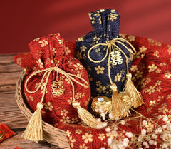 wedding favor pouch bags with gold foiled printed plum blosson and double happiness charm 
