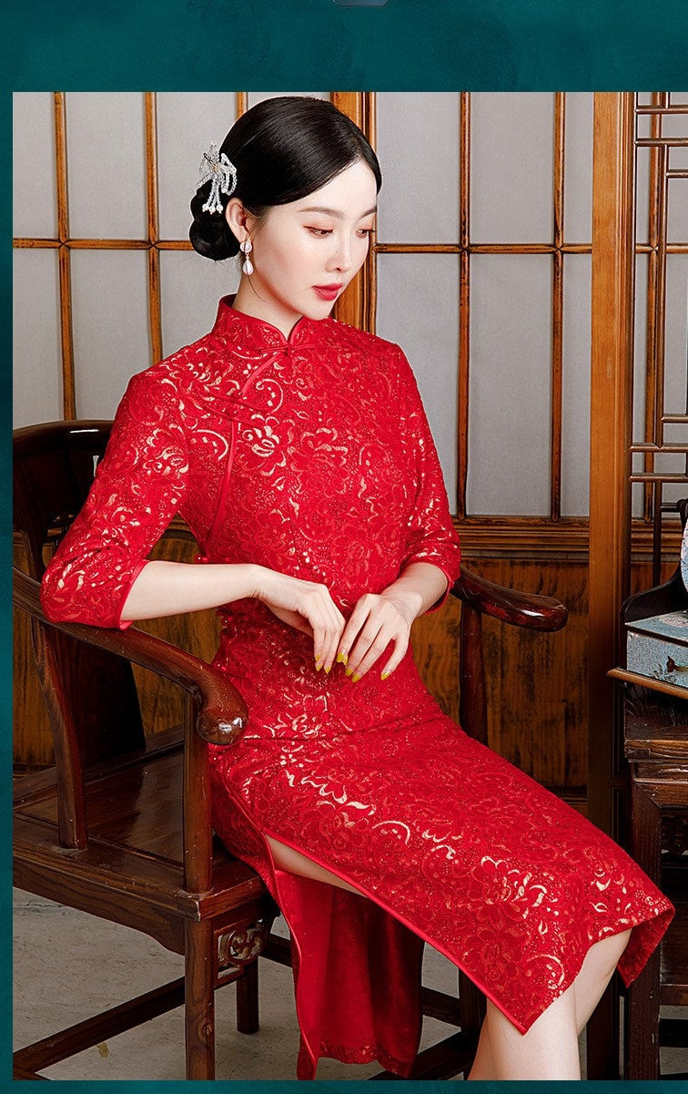 Long Sleeves Lace Cheongsam Qipao Dress | Red Blossom - Oriental Me