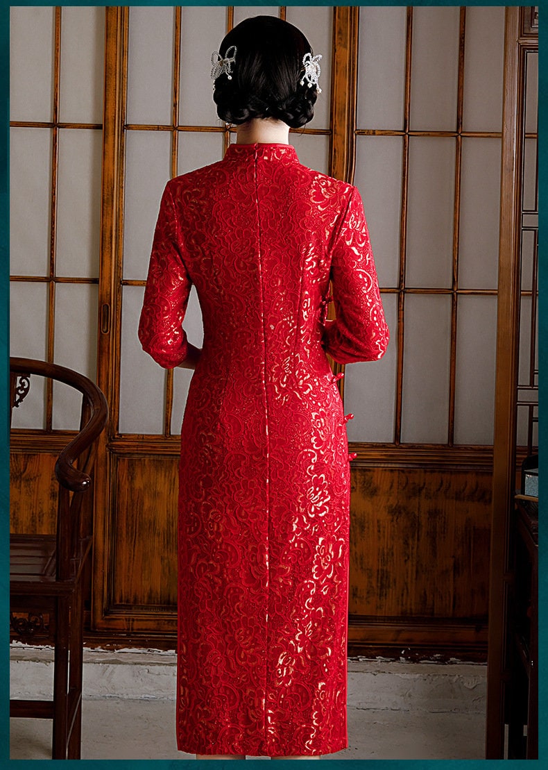 Long Sleeves Lace Cheongsam Qipao Dress | Red Blossom - Oriental Me