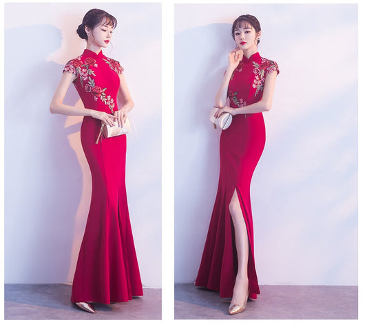 Red Floor Length Bridal Cheongsam Qipao Dress | Rosy - Oriental Me
