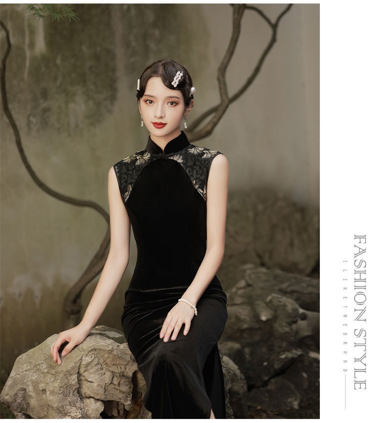 Black Sleeveless Velvet Cheongsam Qipao Dress