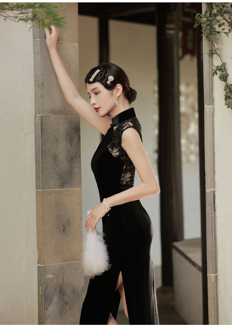 Black Sleeveless Velvet Cheongsam Qipao Dress
