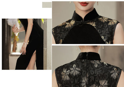 Black Sleeveless Velvet Cheongsam Qipao Dress