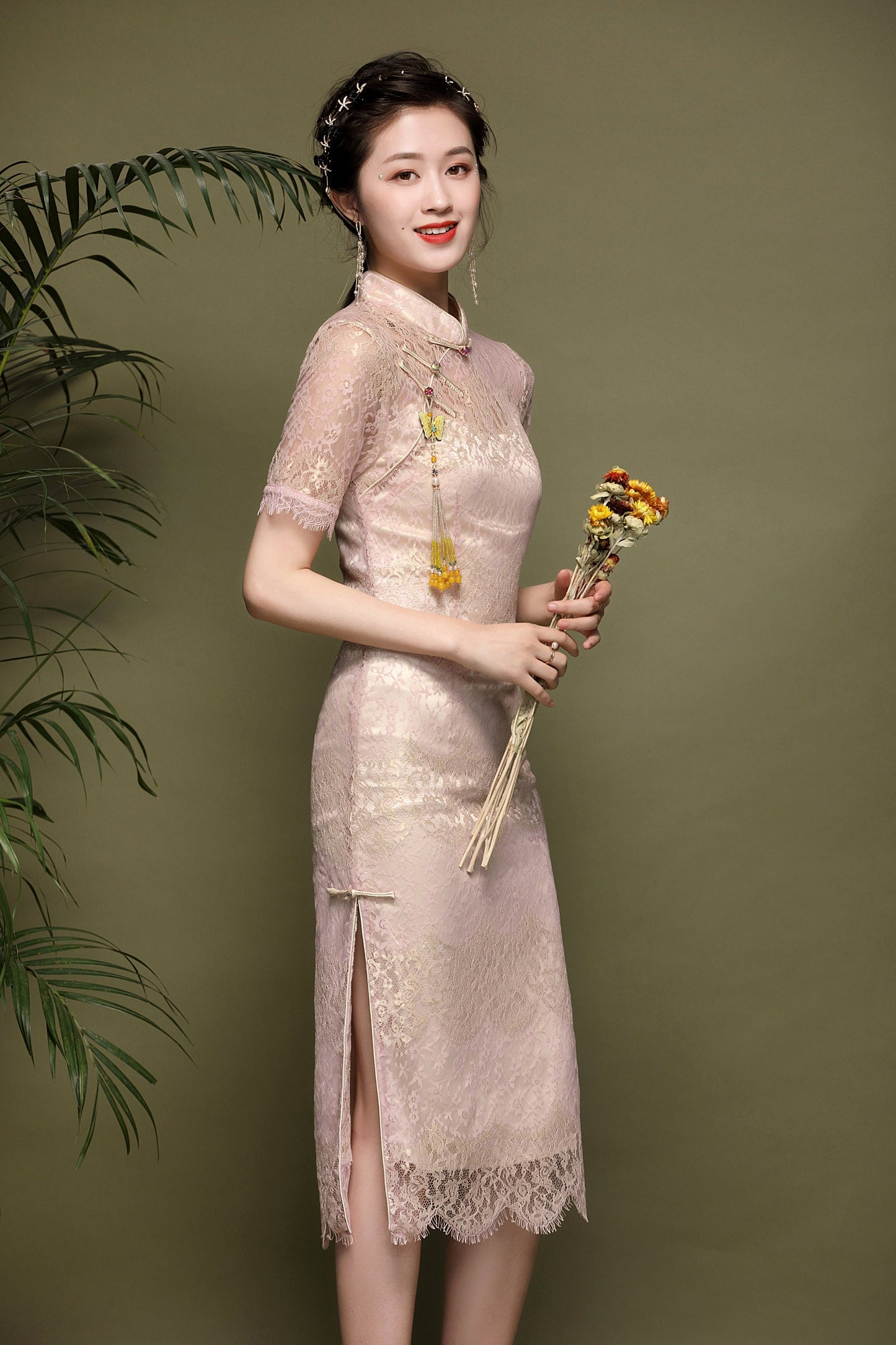 Pink Lace  Cheongsam Qipao Dress| Rose Gold