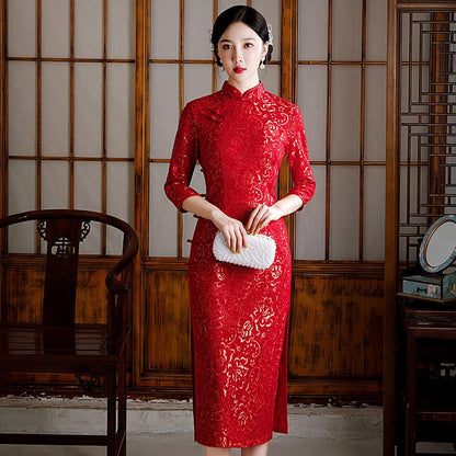 Long Sleeves Lace Cheongsam Qipao Dress | Red Blossom