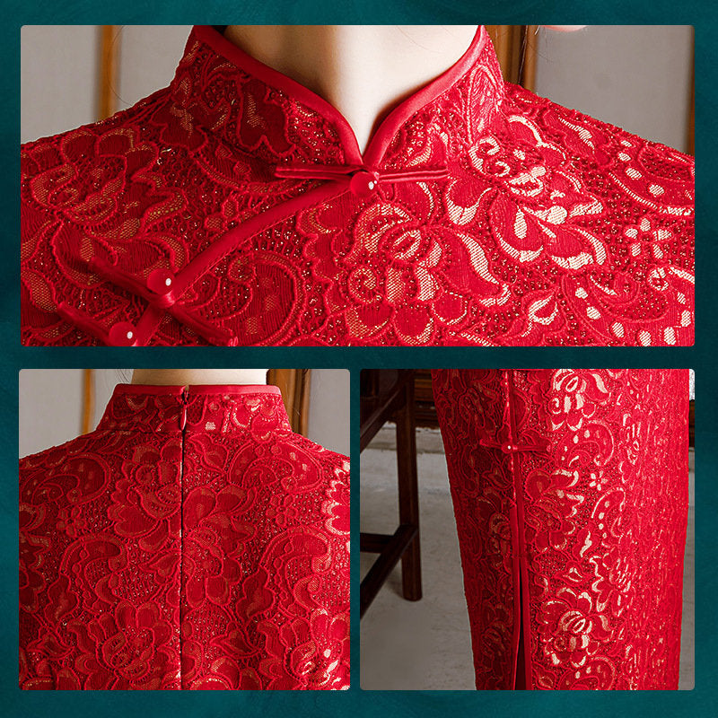 Long Sleeves Lace Cheongsam Qipao Dress | Red Blossom