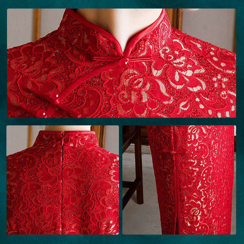 Long Sleeves Lace Cheongsam Qipao Dress | Red Blossom - Oriental Me