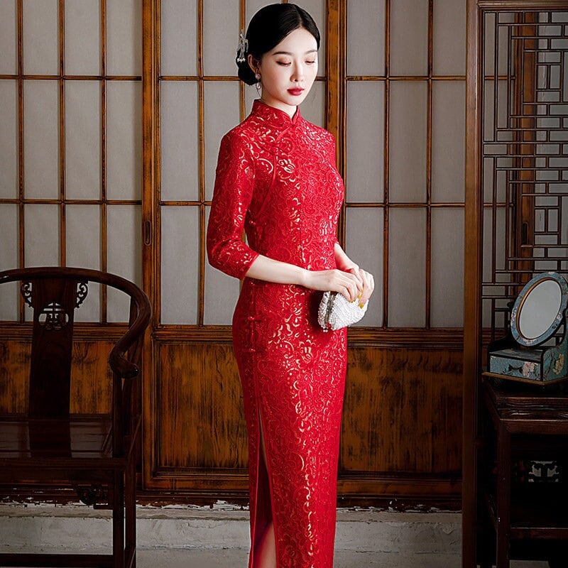 Long Sleeves Lace Cheongsam Qipao Dress | Red Blossom - Oriental Me